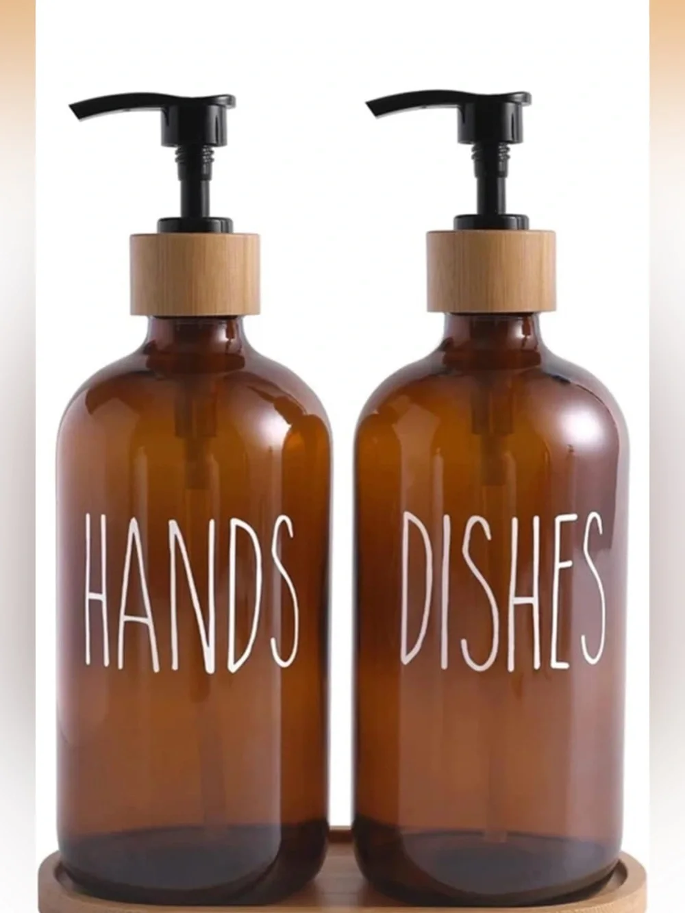 NWT Amber Glass Pump Bottles for Hands & Dishes — Refillable Kitchen Dispensers